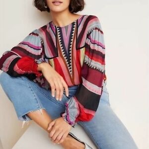 Anthropologie Bl-nk Miranda Peasant Blouse - M - Blue triangle multi- NWOT